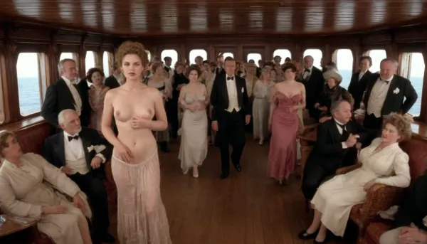 Wide expansive view of a interior of a expensive passenger ship with a group well dressed old males and a few women with the females all partially dressed in 1019 period clothes and hair styles, breast’s and pussys exposed setting on wicker lounge of a large passenger ship like the titanic boat deck, open jacket revealing naked breasts and lifted skirts revealing hairy pussy’s on large ship deck view from afar other passengers lingering in the background dressed in 1900’s era some of the women have semi exposed breasts looking like a swingers meeting of the 1900’s