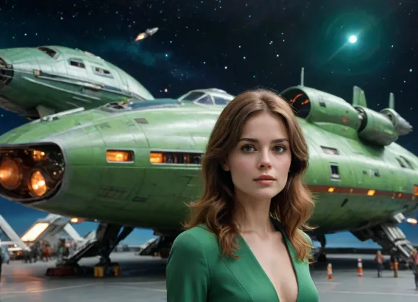 a pretty woman in front of an enormous 1970's science fiction spaceship, drifting through space, green spaceship, Terry Pratchett, <lora:xl_more_art-full_v1:.8>, <lora:add-detail-xl:.8>, <lora:detailed_notrigger:.8>
