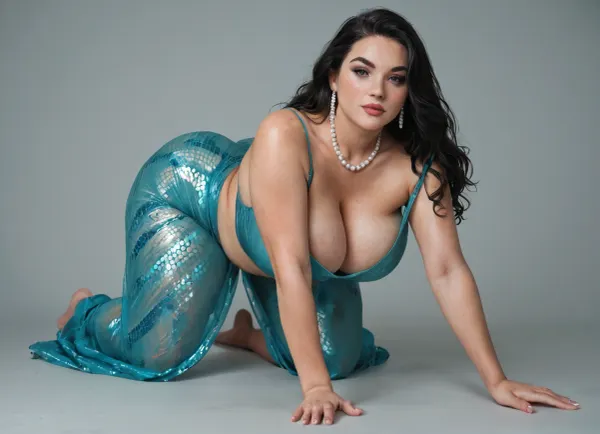 (Character), obese Vulko’s Wife, (Aquaman Comics), Design a costume for Vulko’s Wife, a flowing, teal robe with silver coral embroidery. Include a pearl necklace, and a translucent shawl with wave patterns, loose top, deep cleavage, thick hips, thick thighs, fat ass, plumper body, chubby face, seductive kissing face, looking at viewer with lust, beautiful detailed face, amazingly sexy face, full body view, crawling, bending forward in a sexy way, on all fours, looking at the viewer, ass high in the air, massive natural breasts, full body visible, ultra detailed face, side-low angle view, top falling off her exposed shoulders, deep cleavage.