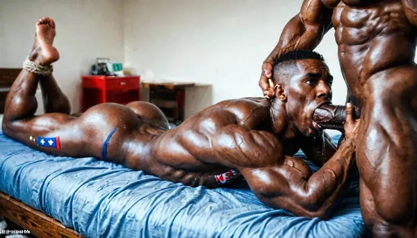 ((messy red bed)), ((Extremely handsome African American, (black skin:1.5), twink, black male, getting forced to deepthroat a cock of the devil)), massive, enormous, big, black, large cock, (huge penis:1.5), eyes open, tears, thick saliva threads, ((lying on stomach)), ((hands tied behind back)), ((painful expression)), sucking cock, (black skin:1.5), shocked expression, huge large, big ass, (large ass:1.6), burglar shooting clear cum out of cock, Object, gd, erection, sex, penis, <lora:Penis_XL:.5>, <lora:flat_chested_v3.5:.5>