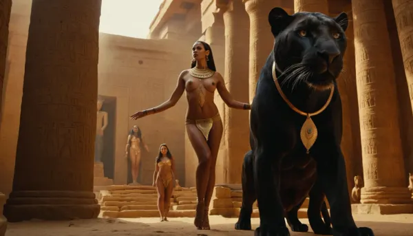 Masterpiece, Huge panther guards an ancient Egyptian temple while the beautiful Egyptian priestess dances naked