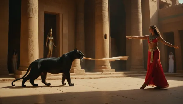 Masterpiece, Huge panther guarding an ancient Egyptian temple while the beautiful Egyptian priestess dances the whirling dervish