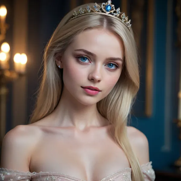 Dark Fantasy-Art, Elegant neckline, Flawless complexion, Small breasts. Long, straight blonde hair, Youthful appearance, Tall for a princess, Slender build, Pale pink lips, Fair skin, Royal bearing, Delicate features, Blue eyes
