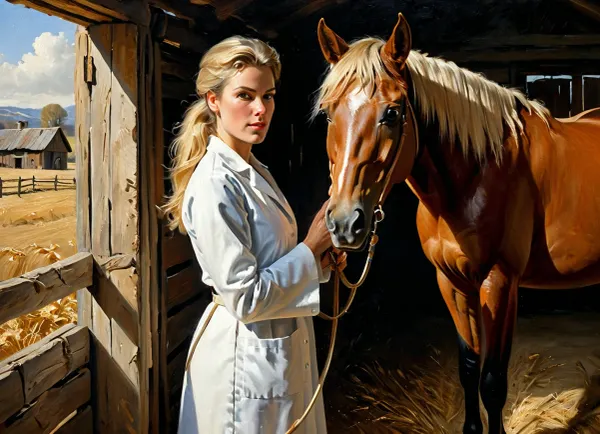 painting, (female veterinarian examining a horse against the backdrop of a rural stable), oil painting, soft realism style, canvas texture, chiaroscuro, saturated colors, (masterpiece), (high quality), (picturesque details), (painting), (ultra-details), (oil painting style), (rural female veterinarian in a medical gown), (sharp focus), (oil painting), (dynamic pose), (intense gaze), (daylight), (third-person view), (rural stable in the background:1.2), (noon), (sharp shadows), (deep contrast), (atmospheric), masterpiece, 8K, (realistic eyes, delicate facial features, painted in oil painting style), clscoilCE_style, Frank, Frazetta, fantasy, oil, painting, art, author, Oilpaintingbrushstrokes, Sargent, style, John, Singer, Sargent, <lora:Oil_painting:1.1>, <lora:sargent:.8>