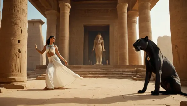 Masterpiece, Huge panther guarding an ancient Egyptian temple while the beautiful Egyptian priestess dances the whirling dervish