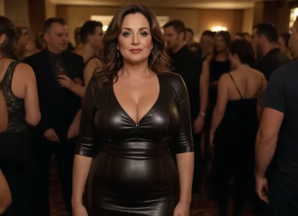 ((full body view)), beautiful face, beautiful sexy, ((curvy)), italian 50 year old woman, wearing leather clothes, in a luxurious crowded sex party in a private hotel