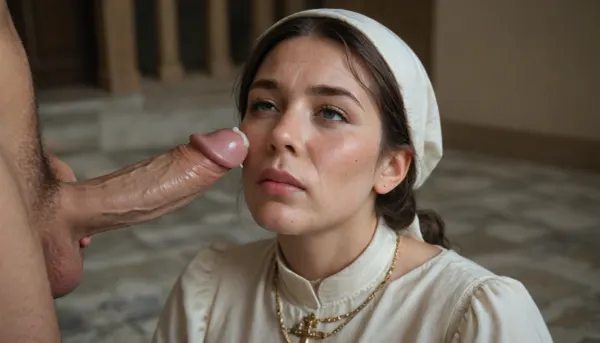 a 50 year old pregnant woman, dressed as priest is sucking an erected penis, wrinkles in face of woman, woman's face looking old, semen on face woman, full body view