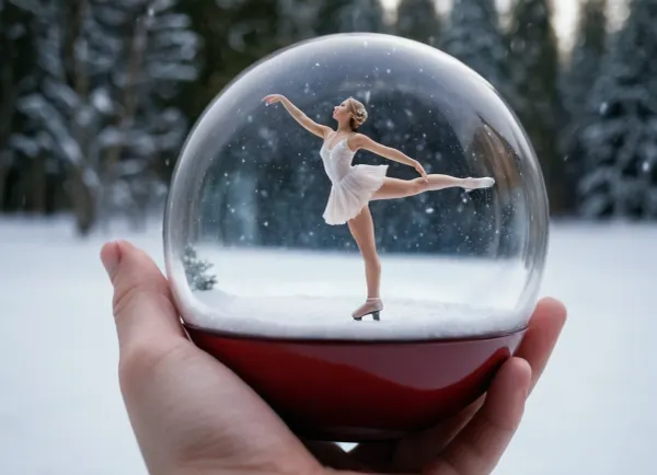 Photo of a snow globe with a small naked figure skater inside, (miniature, woman), In, a, person's, hand, tea, cup, <lora:Miniature_People_-_By_DICE-000006:1>