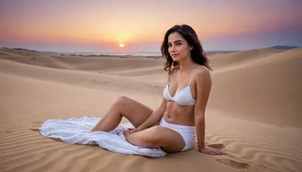 A mature woman sits on top of a sand dune at sunset.
Key Elements, A woman aged 20-25, calm and smiling.
A dune in the middle of the desert.
Description of the Girl, Arab-looking woman with thick eyebrows, bright makeup, dark, smooth skin, long, beautiful legs, large, natural breasts with erect nipples, a very thin waist, an athletic body, a curvaceous buttocks, and long, black hair.
Image Details, The woman is barefoot, wrapped in a thin, white, translucent fabric, the fabric fluttering in the wind.
Her hair flutters freely in the wind.
Her beautiful face is turned toward the horizon.
Realism with elements of 19th-century Romanticism.
Additional Requirements, The light is soft and diffused, creating a feeling of warmth and peace. The image conveys a sense of peace and connection with nature.