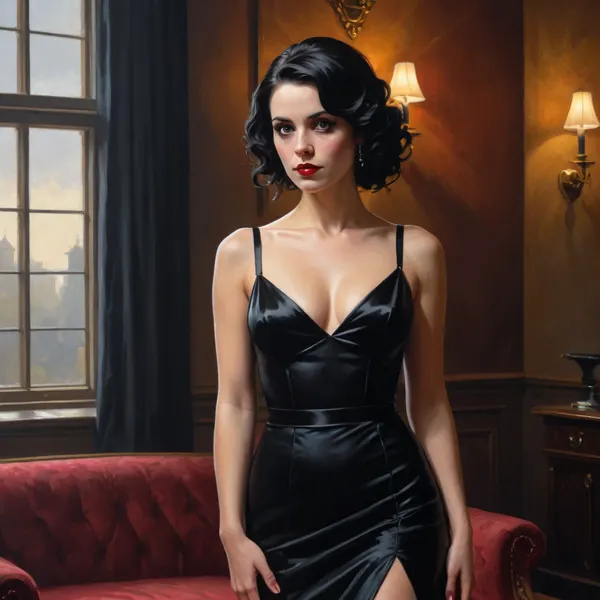 A Jack Vettriano style painting, of a slim thick sexy goth woman, wearing a black wedding dress