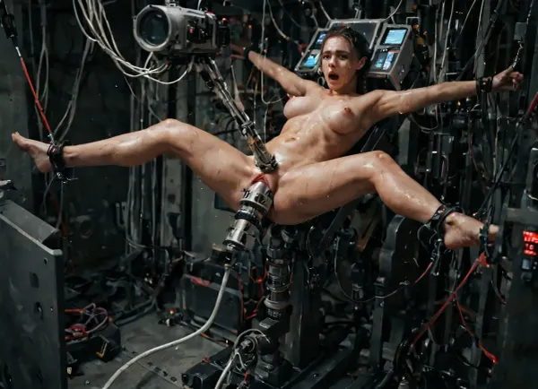 highly detailed, ultra-realistic, bdsm-themed, sidelight, cinematic_lighting, rim_light, frontlight, sexmachine, 1girl, sweat, 22yo, full standing breasts, __devilkkw/body-1/breasts_descriptions__, (stationary restraints), spread legs, outstretched arm, single braid, heavy sweat on body, open mouth, eyes open to camera, (machine:1.2), display, in vitro vascular, insertion of wires into various parts of the body, huge inflated penis, zzy, science fiction, <lora:sexmachine_XL_0_:1>, <lora:zzy_SDXL_1_:1>, <lora:Portrait_perfection:.8>
