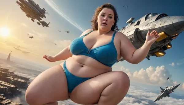 Wide view of a sci-fi landscape with futuristic big Spaceships in blue Sky, weightlessness, Zero-Gravity, with lots flying spaceships in Yellow Sky, (Cyberpunk:.5), a fat obese 40+ housewife, overweight, SSBBW at Spaceship in Zero-Gravity, her nice Body is illuminated by the glow of ship drives, (detailed nice friendly realistic Face with seductive look to camera, lustful moans, freckles on fatty face, dark-grey haired), Nice obese Fat Women, big super huge breasts, hanging out, Big Nipples, Big Pussy, obese spread legs