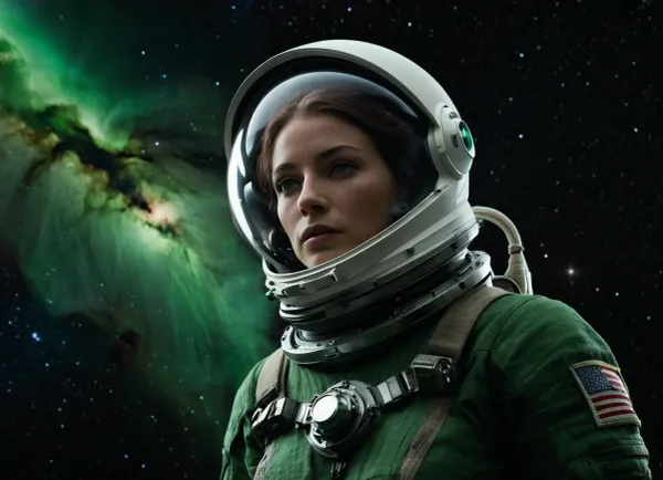 Cinematic, hyper-realistic, epic science fiction, far future, spacecraft drifting in front of the horse-head nebula, a beautiful black green-eyed astronaut repairs the ship in open space, she wears a skin-tight spacesuit