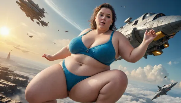Wide view of a sci-fi landscape with futuristic big Spaceships in blue Sky, weightlessness, Zero-Gravity, with lots flying spaceships in Yellow Sky, (Cyberpunk:.5), a fat obese 40+ housewife, overweight, SSBBW at Spaceship in Zero-Gravity, her nice Body is illuminated by the glow of ship drives, (detailed nice friendly realistic Face with seductive look to camera, lustful moans, freckles on fatty face, dark-grey haired), Nice obese Fat Women, big super huge breasts, hanging out, Big Nipples, Big Pussy, obese spread legs