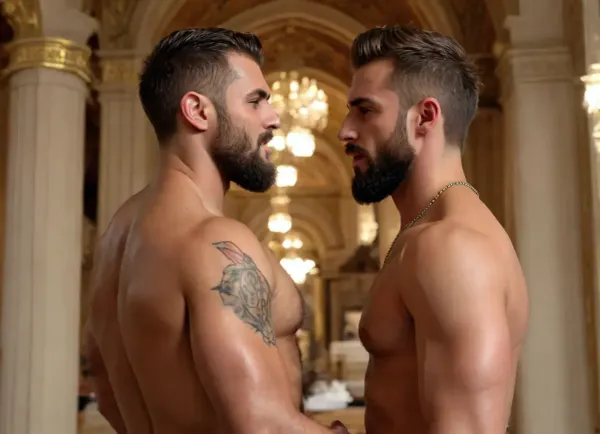 Hardcore Sexualy explicit Two Gay men both big penis, Very hairy muscular body's, Both Men have TATTOOED_BODY'S large penis, Kissing Passionately wet tongues, Duo GayMen Dark Skin tone, ruggedly handsome, big defined hairy chest large hard nipples bearded muscular, Turkish bodybuilder large penis, bright, rear view muscular back, big heart-shaped buttocks ass, sweaty wet hairy skin wet ass Intricate tattoos, 8k, (Masterpiece, high quality:1.3), masterpiece, detailed, (homoerotic), Two Hairy Large penis Dominant and Virile very Hairy Arab hunks with short beard stubble, gold Sacred bracelet, highly detailed face, sharp focus, intricate, elegant, Gayfantasy, Scene golden princ palace interior vast cathedral size Golden masterpiece, Hyperealiatic photographic-Style, Dynamic Visuals, hairy body, Hairy Chest Huge defined nipples 4k, Both Men Fucking Gay sex, one showing his firm heart-shaped ass, Big, cock, Man fucking mans ass missionary style, <lora:pein:1.7>