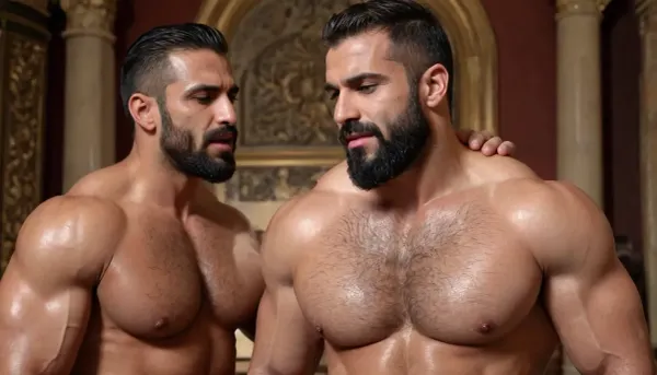 Two Very hairy muscular body's, Lips pressed together Kissing Passionately wet tongues, Duo GayMen Dark Skin tone, ruggedly handsome and bearded muscular, Turkish bodybuilder large penis, bright, rear view muscular back, sweaty wet hairy skin, Intricate tattoos, 8k, (Masterpiece, high quality:1.3), masterpiece, detailed, (homoerotic), Two Hairy Large penis Dominant and Virile very Hairy Arab hunks with short beard stubble, gold Sacred bracelet, highly detailed face, sharp focus, intricate, elegant, Gayfantasy, cinematic colors, matte, Hyperealiatic photographic-Style, Dynamic Visuals, Dynamic contrast, palace, hairy body, Hairy Chest Huge defined nipples 4k, Both Men Fuck each other doggy-style penis deep in ass, Cum dripping