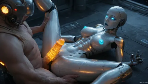 Robot sex Scene, Correct Perspective, anatomic correct, correct limbs, ((Side view from above)), old tattered filthy spaceship Scenery, (thin skinny glowing sexy female android ai Cyborg Robot with iluminated accents), (huge giant round glowing metallic robot tits:1.4), shiny White metallic Cyborg skin with neon blue glowing accents, metallic head, Beauty robotic metallic face, light blue glowing eyes, (Neon blue glowing nipples), (sit in an old tattered dirty trashed spaceship, spread legs wide:1.2), orgasmic face, glowing mouth moaning, (gets fucked into glowing pussy missionary by a big orange glowing cock of a huge male alien robot in a glowing space suit:1.4), orange glowing cum ejaculation