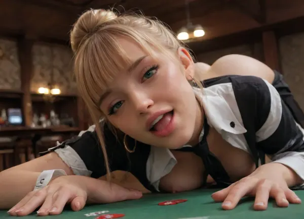 Cinematic still the viewer looks down at a beautiful girl on a las vegas casino poker table, she's the casino employee distributing cards, neat hairdo, (high hair bun:1.6), golden blond hair, green eyes, elegant makeup, black shirt with dark glitter, (wide satin white tie:1.4), smiling wide, mouth open wide, very happy to please, large hoop earrings, gazing to the viewer, first-person perspective, immerses the viewer in an erotic las vegas night, 4k epic detail, shot on kodak, 35mm photo, sharp focus, high budget, cinemascope, moody, epic, gorgeous, film grain, grainy, score_9, score_8_up, score_7_up, thin eyes, eyeliner, dim light, sultry, eyeshadow, wide corner mascara, wide smile, opened shirt, (huge torpedo boobs:1.7), tits out, nipples visible, on the table, drunk, crawling on all fours, skirt pulled up, showing ass, seductive, seducing, alluring, intimate, sexual, (horny:1.2), insatiable, lustful, erotica, irresistible, blunt bangs, model face, supermodel, cute, 20 yo, all, fours, arching4s, perfect eyes, breasts, cutout, clothing, nipples, 4ng3l, face, tongue out, from below, low-angle view, pouty lips, atmospheric, dark background, soft backlight, strong light making her face glow, round tits, (mouth wide open:1.8), las vegas background, <lora:arching4s:1.1>, <lora:PerfectEyesXL:.8>, <lora:2BoutOvalSDXL2-000002:1.1>, <lora:SDXL_BetterFaces-LoRA_v1:1>, visible heavy pink makeup, glitter on eyelides, high cheekbones, round face, massive tits, side view, photorealistic, (blunt bangs:1.8)