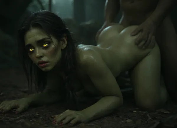 a cute goblin woman, dark stone ruins, braided black hair, long ears, (big green glowing eyes:1.5), long fake eyelashes, very big red lips, color eyeliners, ultra heavy makeup, petite, skinny, perfect face, gets fucked on a sand by green little goblin monster, fucked from behind, (doggystyle sex:1.3), ((mature sad face, crying, tears)), vaginal penetration, on all fours, high detailed medium breasts, nice round butt, red nails, high detailed oiled sweaty skin, (green skin:1.9), night, moonlight, Gobla, <lora:detailed_notrigger:.7>, <lora:Gobla:2>, <lora:dark:.8>