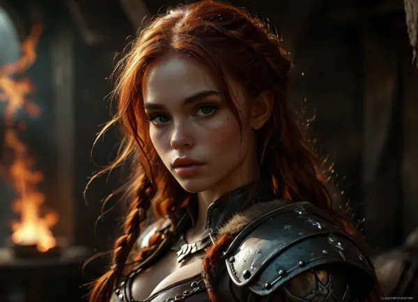 Scene Battle with dragon, Attractive viking with long red hair, Braids on the head Full body photo, long beautiful legs, Smolder. Alluring-expression. Wearing leather armor viking style with fur, Fighting with giant detailed Dragon, fire, flame, No helmet, viking castle background. digital painting, digital illustration, extreme detail, digital art, 32k, ultra hd, beautiful d&d character portrait, dark fantasy, detailed, realistic face, digital portrait, intricate armor, fiverr dnd character, wlop, stanley artgerm lau, ilya kuvshinov, artstation, octane render, hyperrealism, dynamic lighting, unreal engine, clean lines, deviantart, olga, discordia, dark, skin, dark-skinned, female, hair, over, one, eye, elf, pointy, ears, parted, lips, milkingmachine, cow, cowgirl, 4ng3l, face, <lora:DetailedEyes_V3:2>, <lora:dark:2>, <lora:SDXL_BetterFaces-LoRA_v1:1.1>, <lora:MJ52:.3>