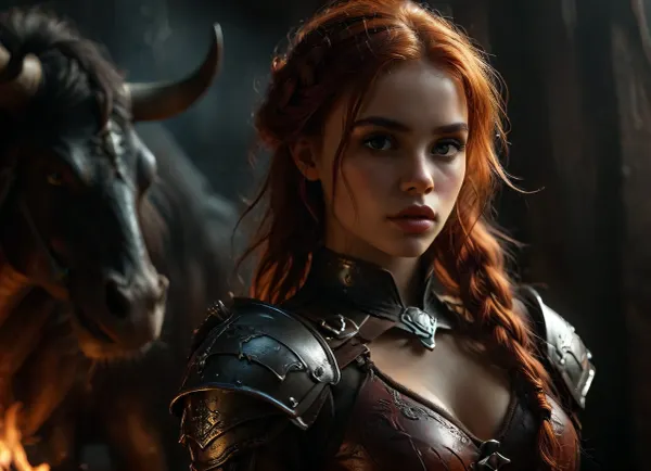 Scene Battle with dragon, Attractive viking with long red hair, Braids on the head Full body photo, long beautiful legs, Smolder. Alluring-expression. Wearing leather armor viking style with fur, Fighting with giant detailed Dragon, fire, flame, No helmet, viking castle background. digital painting, digital illustration, extreme detail, digital art, 32k, ultra hd, beautiful d&d character portrait, dark fantasy, detailed, realistic face, digital portrait, intricate armor, fiverr dnd character, wlop, stanley artgerm lau, ilya kuvshinov, artstation, octane render, hyperrealism, dynamic lighting, unreal engine, clean lines, deviantart, olga, discordia, dark, skin, dark-skinned, female, hair, over, one, eye, elf, pointy, ears, parted, lips, milkingmachine, cow, cowgirl, 4ng3l, face, <lora:DetailedEyes_V3:2>, <lora:dark:2>, <lora:SDXL_BetterFaces-LoRA_v1:1.1>, <lora:MJ52:.3>