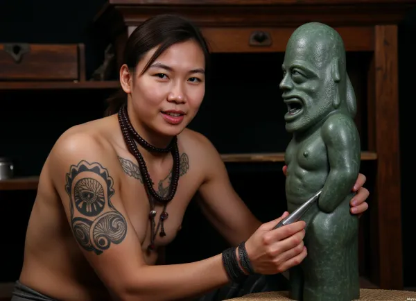 Photorealistic, realistic, (Maori tattooed artisan from the tribe), in traditional clothing, using a chisel to carve greenstone, (Hei-Tiki), made from polished puounamu, (jade), a treasure of the ancestors, (taonga tuku iho), a fertility talisman, (stylized human figure with a large head, wide eyes, asymmetrical pose), deep cultural significance, smooth polished texture, intricate details, work process, photorealism, studio lighting, detail, 8k.