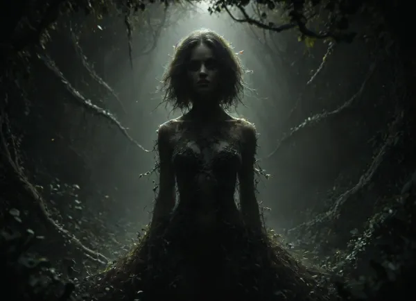 A beautiful girl is tightly embraced by a creepy monster, <lora:dark:.8>, ais-darkpartz, <lora:Dark_Particles_Style_SDXL:.8>, fractalvines, made, from, fractal, vines, covered, in, <lora:Fractal_Vines:.8>