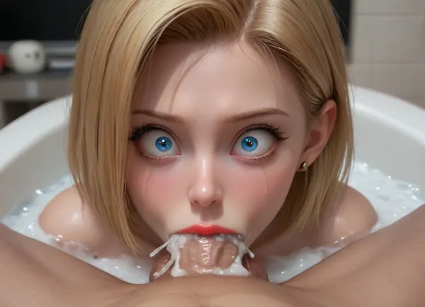 android 18 from dragonball z, naked, (large cheeks:1.1), angry face, black makeup, crying, red lipstick, (wide-eyed:1.9), (excessive cum:1.2), vegeta from dragonball z, (vegeta is smaller adult man, naked, small cock, round balls), moaning in pleasure, (deepthroat:1.3), deepthroat blowjob, dick in her mouth, throat bulge, forced sex, inside, 1 male 1 female, bathtub, close up, from the front, looking at viewer, focus on eyes