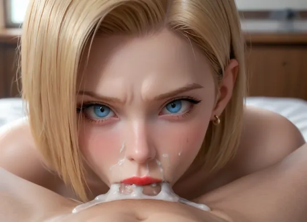 android 18 from dragonball z, naked, (large cheeks:1.2), furious face, shocked expression, black makeup, crying, red lipstick, (excessive cum:1.2), cum under her nose, vegeta from dragonball z, (vegeta is smaller adult man, naked, small cock, shaved), moaning in pleasure, excessive cum dripping from his penis, (deepthroat:1.3), deepthroat blowjob, dick in her mouth, throat bulge, forced sex, inside, 1 male 1 female, royal bedroom, close up, from the front, looking at viewer, focus on eyes