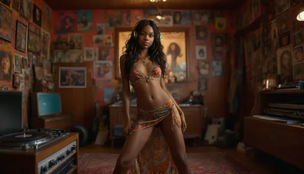 In a 1970s-inspired vintage bedroom, 18 years old African woman, shiny_skin, solo, perfect hands, with pussy, full body view, (very long black hair), (ultra dark skin:1.3), green eyes, nipples, (dances seductively and invitingly:1.6), silent smile, her long, slightly tousled black hair framing her face, (she wears a colorful and form-fitting dress with intricate patterns:1.4), (reflecting the bohemian hippie style:1.5), skinny figure, perfect anatomy, the room is filled with vibrant, self-painted furniture, (and walls adorned with posters of music bands:1.4), (posters of the Band, The Doors:1.4), (hairy pussy:1.4), as well as travel and concert photographs, (a high-detail vintage turntable sits on the floor:1.4), (surrounded by vinyl records and album covers:1.2), she listens to music, (placing records on the turntable:1.3), (wearing vintage headphones:1.5), her expression is horny and satisfied, the scene is rich in detail, from the texture of her skin to the intricate patterns of her dress, the atmosphere captures the essence of the 70s, with high realism in every element, from her hands and feet to the delicate details of her face, <lora:detailed_notrigger:.6>, <lora:SDXLFaeTastic2400:.5>, <lora:MJ52:.4>, <lora:photorealistic_portrait_notrigger:.8>