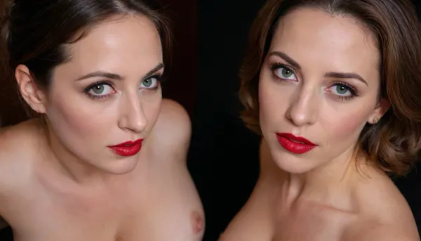 HD image of two elegant and beautiful 30 year old milfs, nude, seductive, brunettes, looking at the camera, solid dark background, (((big tits))), red lipstick, dilated pupils, flushed cheeks, swollen lips, erect nipples from arousal, caressing each other