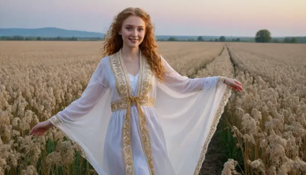 captivating young tall dark blonde ginger curly Ukrainian girl, smiling, desirable big breasts and thighs, traditional fine fabric loose-fitting snow-white gold-embroidered extra long Ukrainian blouse and skirt covering knees on completely bare body, a gold-embroidered snow-white scarf over head, barefoot, clear blue sky, lush buckwheat field intensely blooming, sunrise