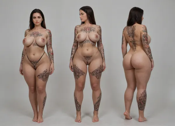 a mature tall slim thick woman, huge heavy east west breasts, huge ass, huge thighs, wide hips, facing the camera, her body is totaly covered in tattoos, full, body, tattoo, <lora:FBT-000002:1.4>