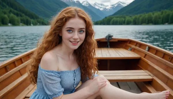 Women irish 30 years old curly light red very long hair small tits wearing a blue summer dress. Blue big eyes. Angular face. No makeup. White skin tone with freckles. Lays in a boat on a lake. Big smile. In the background the alps.