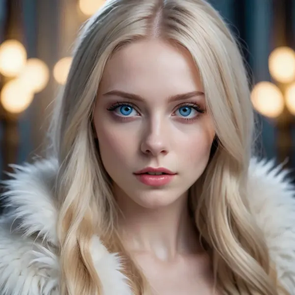 A beautiful young woman with long blonde hair, blue eyes, and pale skin stands next to a white li.on with silver fur. Silver glitter adorns her face, in the style of fantasy art. The scene is captured with cinematic lighting and a sharp, high-resolution focus, creating a hyperrealistic, ultra-detailed fantasy image