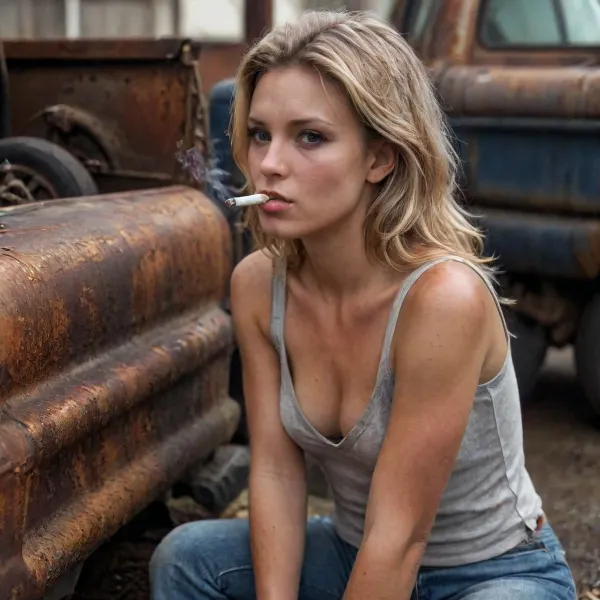 A athletic sweaty blonde realistic woman mechanic smoking a cigarette next to a rusty 1979 Ford pickup truck. Her skin is smeared with grease and smudges of dirt., average, amateur, imperfect skin, uneven skin tone, dirty skin, sweaty skin, no makeup, blemishes, corrosion, rust, smokinglora, badquality, low, quality, leaning down to pick up the gass can, big loose cleavage, <lora:polyhedron_corrosion-000007:1>, <lora:smoking_v2:2>, <lora:badquality_v02:2>, <lora:Sweaty_Realism_4-000006:2>