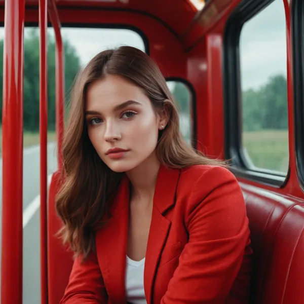 beauty girl in a red buss