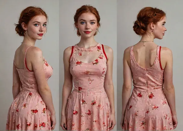 ASSIGNMENT, Create an award-winning model sheet of a beautiful cute 18-year-old ginger woman in a gorgeous sleeveless fitted red cotton prom dress, BREAK.

CLOTHING, gorgeous sleeveless fitted red cotton prom dress, pearl necklace, pearl stud earrings, BREAK.

BODY, beautiful 18-year-old woman, short, creamy pale skin, lots of freckles especially below eyes and on chest, lots of prominent freckles, pixie-ish, slender, very busty, medium natural breasts, D cup, natural breasts, detailed natural breasts, very hairy bush, ginger bush, firm ass, detailed realistic skin with pores and hair follicles, perfect hands, handslora, BREAK.

FACE, adorable beautiful 18-year-old coed, (detailed youthful cute pixie-ish heart-shaped face), (beautiful, welcoming smile), (mischievous green eyes), (pert nose), (light makeup and red lipstick), (pale skin), (lots of prominent freckles), big expressive eyes, long eyelashes, eye contact, BREAK.

HAIR, bright orange-red hair, ginger hair, hair up in tight French up-do, detailed hair, BREAK.

LOCATION, neutral background, BREAK.

POSE, standing, multiple views of the same character, model sheet, (front view, side view, rear view), BREAK.

AESTHETIC, score_9, score_8_up, score_7_up, solo, cinematic, 8K, hyper realistic, sexy as hell, BREAK.

TEMPLATES, but, freckles, luisap, birth, mark, <lora:MJ52:2>, <lora:add-detail-xl:2>, <lora:BUT_SDXL_SHS:1.3>, <lora:LPFRECKLES_lora:.5>, braless, Wearing, clothes, that, make, sense, with, Braless>, <lora:bralessSDXL_v1_00022:.8>
