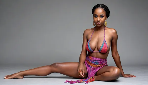 ((Full body portrait), in clean lightgrey background), ((1/1 view)), slender black Malawian 45 years old, (papaya saggy soft empty breasts, extremely dark skin, bare feet, (wide hips)), (colorful Malawian robe, bikini, (long braided hairstyle, (oval earrings)), laying down), <lora:sagging-000015:1.3>