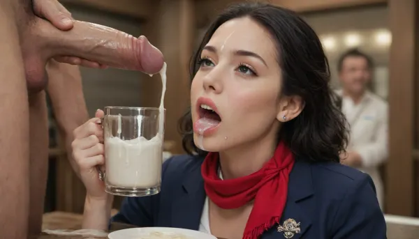 A beautiful Japanese flight attendant, with a bob haircut, 40 years old, wearing a navy blue flight attendant uniform, a wine-red scarf around her neck, and a beige flight attendant hat on her head. She's in a pub on her knees and surrounded naked by men, stroking their hard cocks. On her hand there is a glass mug, full of cum, which she's pouring from into her mouth. Her head is tilted, and her mouth is aggape, taking in the cum from the cup. There's so much, that some overflow and dribbles from her lips, dripping on her chest, soaking her blouse. She seems to be loving it., (mouth open), (glass mug full of cum:1.3), (forehead full of cum:1.1), (nose full of cum:1.1), (mouth full of cum:1.1), (lots of cum), (loads of cum), (black eyes:1.1), (black hair:1.5)