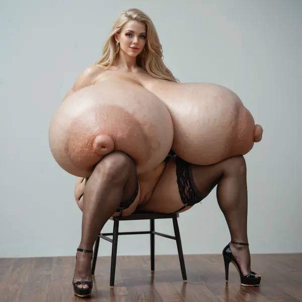 (gigantic breasts), (((hyper breasts:1.3))), (long blonde hair), ((huge areolae)), ((gigantic areolae)), (((hyper areolae))), nude, on her knees, (high heels), garter belt, stockings