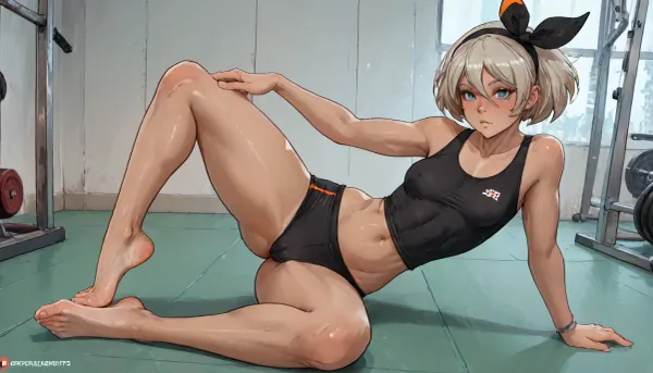 (((Melkor mancin mix markgavatino mix cutesexyrobutts style))), reiq style, masterpiece, (full body in shot), (Bea from Pokemon), on the floor, ((doing a side split)), (muscular, athletic build, small breasts, wide hips), ((bronze skin, brown skin)), tight gym shorts, tight sports bra, (visible toes), perfect feet, bare feet, mma gym, sexy, camel toe, 1 girl, (intense blushing), pussy_peak, solo, <lora:LCMTurboMix_Euler_A_fix:.6>, <lora:Tsune_XL:1.8>, <lora:EnvyPastelAnimeXL01:1.7>, <lora:AshMilkshake_Illustrious_v1:1.8>
