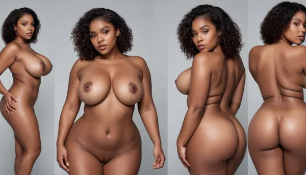 Woman, 25 years old, black, round ass, large boobs, curvy, nude, multiple, views, of, the, same, character, model, sheet, <lora:Model_Sheet_Xl:1>
