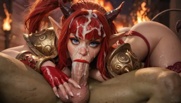 aidmaRealisticPeoplePhotograph., succubus, demon tail, wings, horns, one girl, solo, (huge implant breasts), red hair with blonde highlights, long hair in ponytail, bangs, shy, blush, detailed face, (long big thick black eyelashes), (mascara for long lashes), (intense black eyeliner), (black intense eyeshadow colours), big blue open eyes, eyes wide open, (((busty thick lips in red lipstick))), tattoo on stomach, thighs, thigh gap, (Scarlet), red fantasy outfit ornate gold silken robes mixed with light armor, underboob, pelvic curtain, red garters, lace fingerless red gloves, fireball in arm, red spiked shoulder pads, (golden metal garter on leg), (golden metal bracers), (dynamic sexy pose), (slim waist), perfect fingernails, perfect white fingernail paint, round buttocks, athletic, light red skin, wet skin, many goblins around, (goblin are half size:1.3), (((extreme deepthroat))), (((she swallowed whole goblin penis to base:1.3))), (very widely stretched elastic throat), throat blowjob, huge testicles, (stretches the throat), full cock in throat, big testicles, (hand on testicles), (((street in fire))), night, (((red fiery sky))), (((excessive cum on hair))), (excessive cum over face and nose), (clean cock:1.3), (clean dick:1.3), <lora:Her_Eyes:.8>, <lora:womb_tattoo_v6_SDXL:.8>, <lora:JustCum:.8>