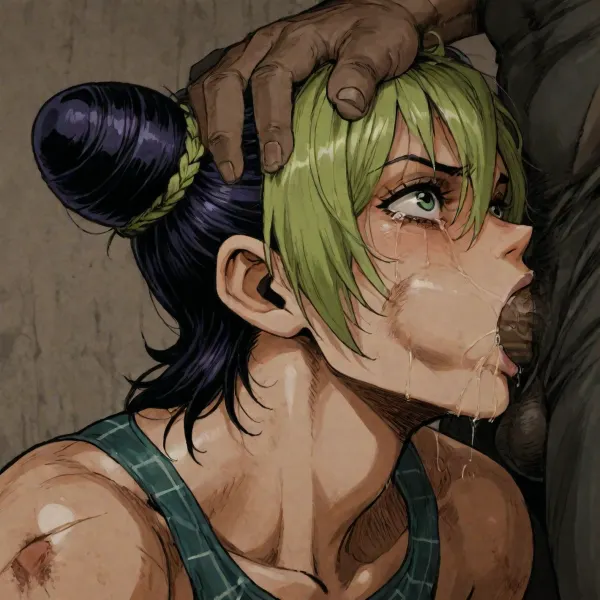 the picture is a drawing of Jolyne Cujoh, submissive look, battered body, torn clothes, focus on upper body, deepthroat, POB, cheek bulge, eyes wide open, crying, (Hirohiko Araki art style), by, araki, hirohiko, <lora:araki_hirohiko-000016:2>