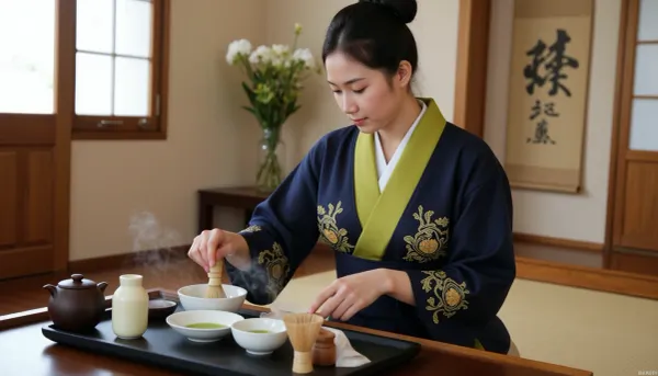 (masterpiece, top quality, ultra-detailed rendering), (photorealism:1.2), natural lighting, shallow depth of field, (beautiful young Japanese woman:1.3), A tea master, (茶人), conducting a tea ceremony, dressed in traditional attire—, (a dark blue kimono with intricate gold embroidery:1.1), (obi sash:1), —and a white undergarment. Her black hair is styled in a bun. Her gaze is directed downward, demonstrating concentration and grace during, (the preparation of matcha:1.2), . Her hands gently hold, (a bamboo whisk, (chasen), over a white ceramic bowl), . Steam rises gently from the bowl, creating a peaceful atmosphere., (traditional Japanese tea room setting:1.1), the floor covered with tatami mats, soft natural light streaming through the window, an Itigyo-mono scroll, (行物), on the wall in the background, and a small table with white flowers in a vase behind her. In the foreground, on a black tray, lie various tea ceremony utensils, another bamboo whisk, a small ceramic jar, (chaki), a teapot, (tetsubin), and other containers, high level of detail, the calm, meditative atmosphere of a traditional Japanese tea ceremony, slight blurring of the background