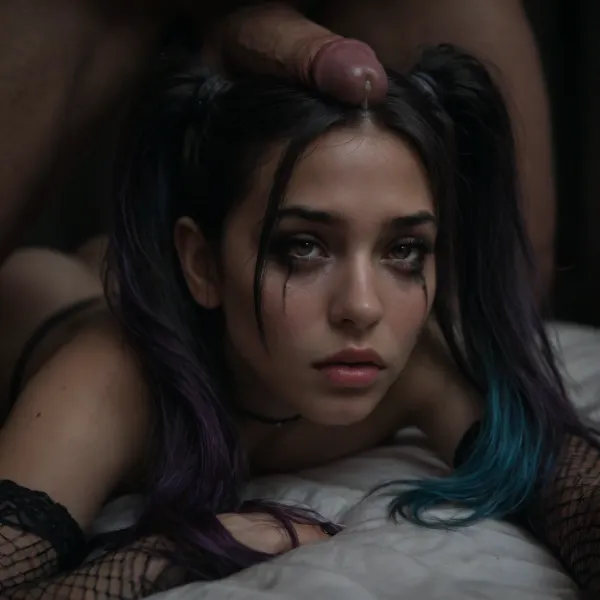 Score_9, score_8_up, score_7_up, (close-up of her face:1.4), (cock on her head), (1girl, 1man), (long hair), (multicolored hair, (The girl is crying), (dark purple hair), (bright blue hair)), (twintails), (wavy hair), (messy hair), submissive, (pointy breasts), (retrousse tits), (nipple piercings), (bimbo slut makeup), (mascara running down her face), (incredibly long lashes), (bimbo lips), (black lipstick), (super snatched waist), (pencil waist), (huge bbl ass), (oiled glossy skin), (sweaty skin), (shaved pussy), (white skin), (pale skin), (gothic), (goth), (tan lines:.8), (brown eyes), (perfect mouth), (perfect lips), (topless), (bottomless), (no clothing except a black garter belt and black fishnet thigh-high leggings and black platform stilettos and black fishnet arm sleeves), perfect eyes, (she's laying prone on a bed with her face near the viewer:1.2), (cock on the top of her head:1.2), (cum dripping from cock), exhausted, tired, hair and makeup was elegant and beautiful but is now messy and disheveled after hours or rough sex, (ruined makeup), (smudged lipstick smeared across face), (cum running out of her nose and mouth onto the bed:1.1), (excessive amounts of cum:1), (vacant expression:1), (fucked stupid, brainless), (black walls), (gothic bedroom), (blue and purple neon lighting), (bright neon lighting), HighRes Fix, ADetailer, Inpainting, Upscale, Photoshop, <lora:PerfectEyesXL:.8>, <lora:dark:.5>