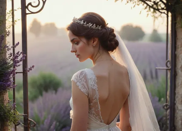 a French bride as she takes moment to calm her nerves, white silk dress with vail, old gate, (lavender), (close-up:1.1), muted pastel tones, haze of a hot summer evening, rear-view, (in the style of a candid photo:.8), <lora:Midjourney Image Enhancer XL v1:.5>