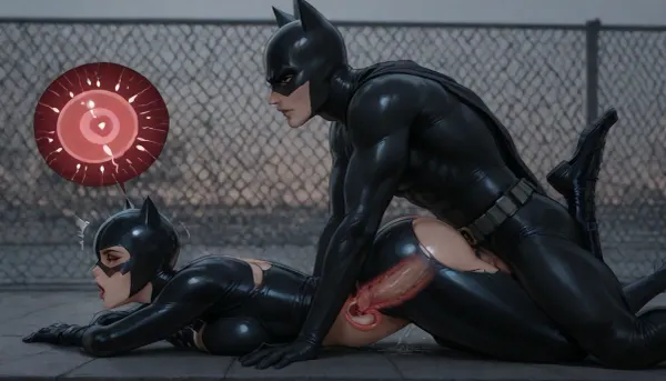 1boy and 1girl, prone_bone, creampie, impregnation, twin_impregnation, female supervillain, torn costume, male superhero, female_orgasm, flooded_womb, overflowing_pussy, rooftop, side view, DC catwoman, DC Batman, xray