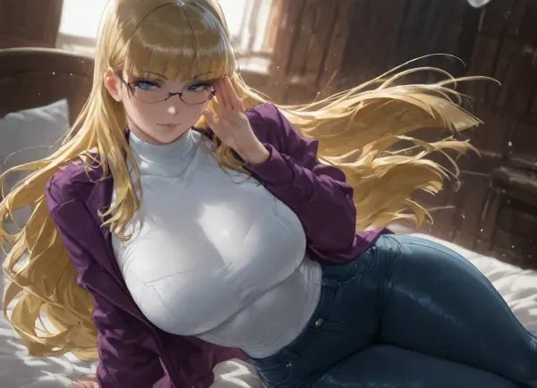 ((high detailed skin)), 8k uhd, (Pacifica Northwest from Gravity Falls:1.6), long beach blonde hair, dark blue eyes, purple jacket over lavender dress, (busty proportions:1.4), wearing, (white turtleneck with tight jeans and glasses:1.5), (sitting on bed:1.4), looking at viewer with seductive half-lidded eyes, soft warm lighting, (Sakimichan artstyle:1.5), ultra-polished digital painting, soft luminous skin, intricate hair and clothing details, elegant lighting